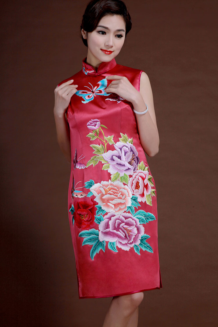 Watermelon red silk with embroidery qipao dress