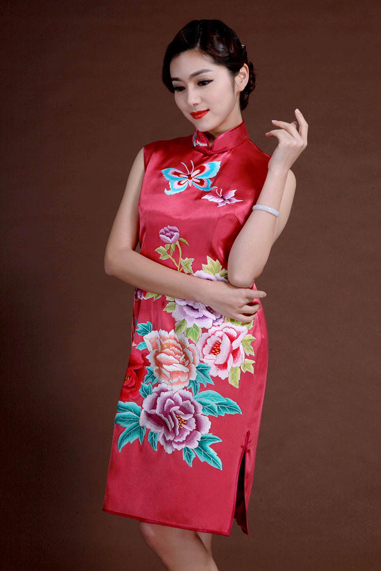 Watermelon red silk with embroidery qipao dress