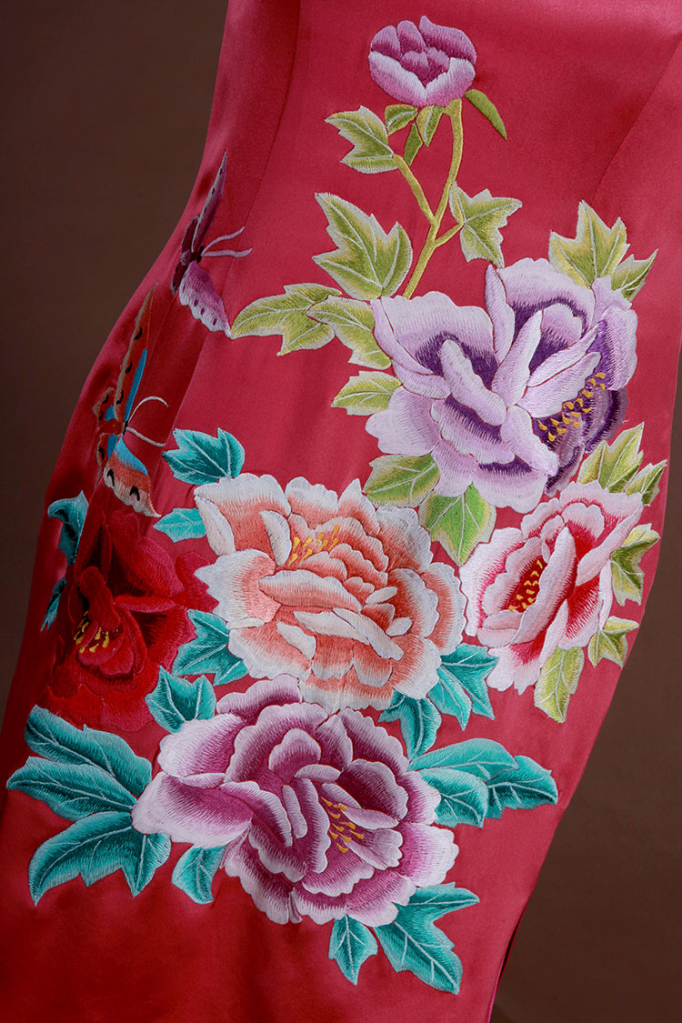Watermelon red silk with embroidery qipao dress Watermelon red silk with embroidery qipao dress