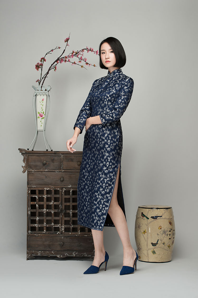 Navy brocade long cheongsam