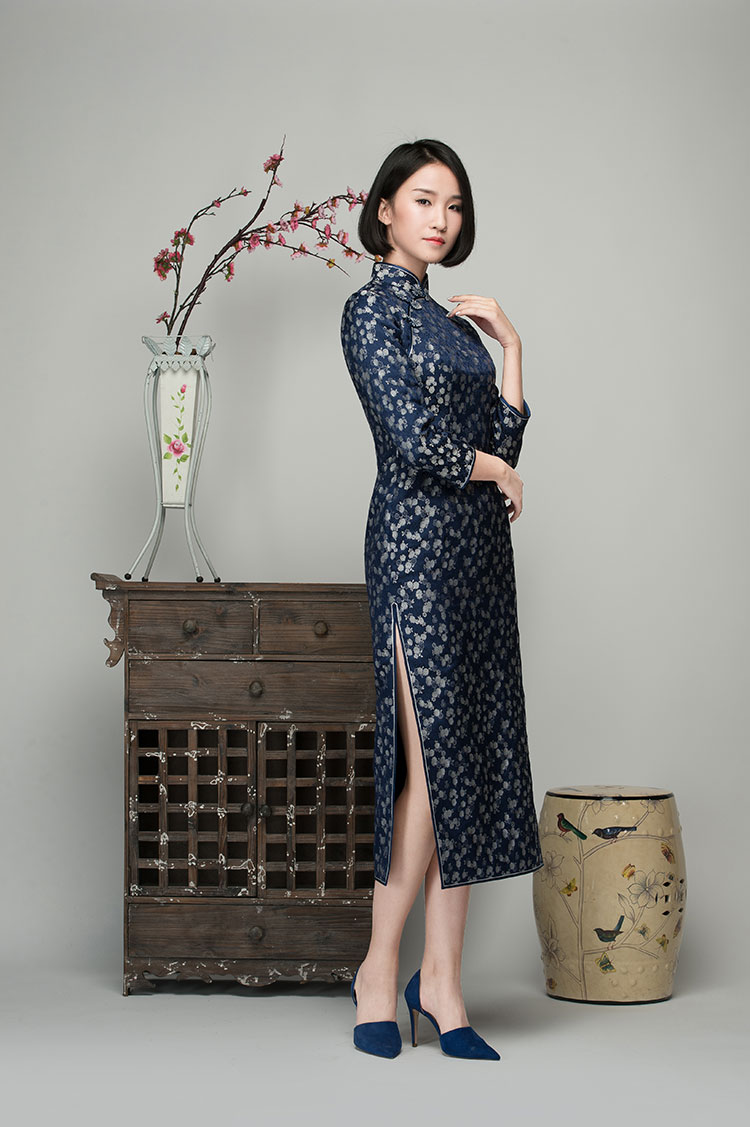 Navy brocade long cheongsam