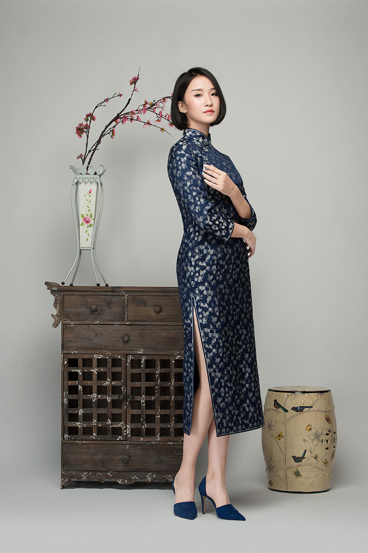 Navy brocade long cheongsam