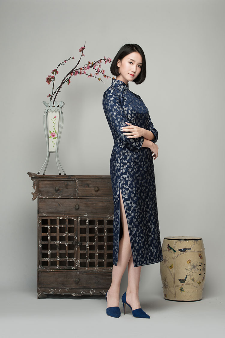 Navy brocade long cheongsam