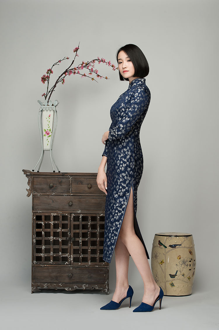 Navy brocade long cheongsam