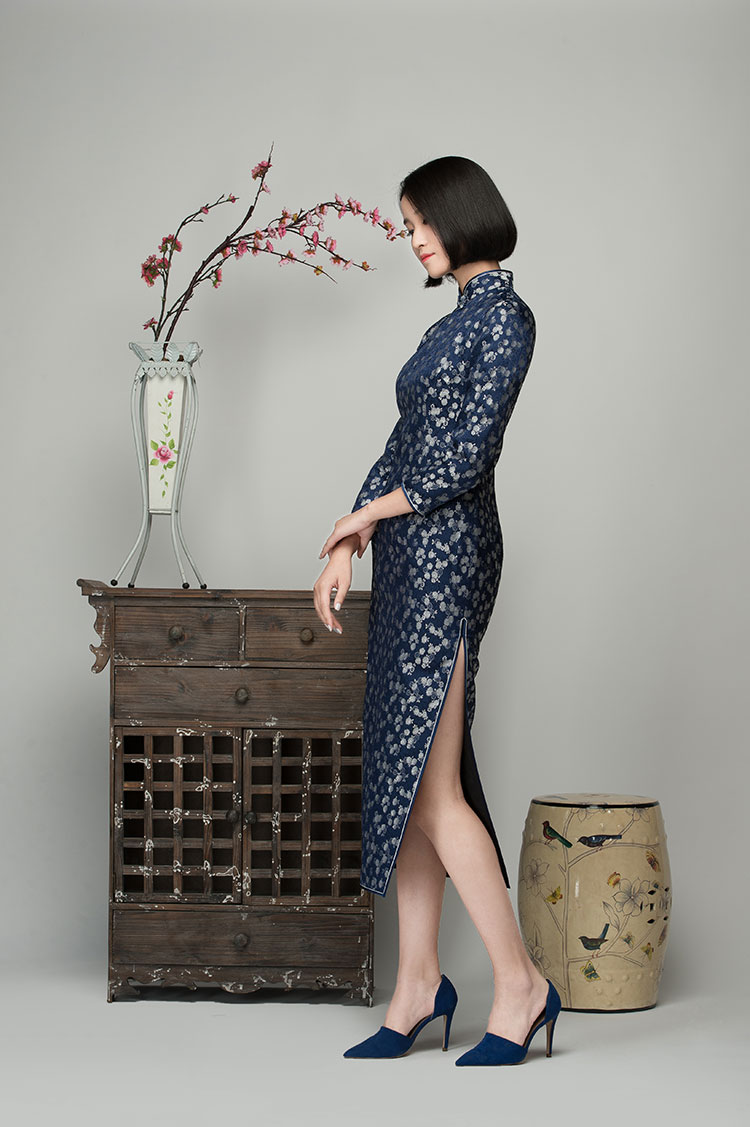 Navy brocade long cheongsam