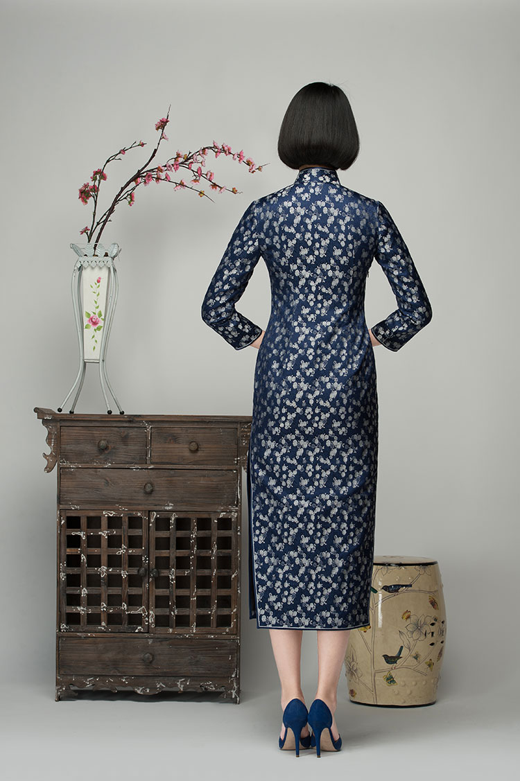 Navy brocade long cheongsam