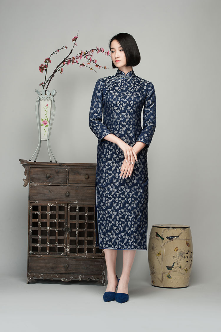 Navy brocade long cheongsam