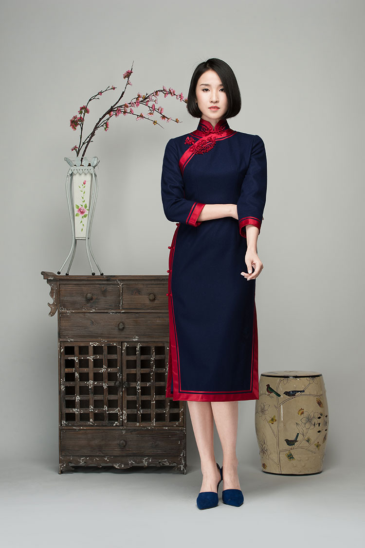 Navy wool blending cheongsam