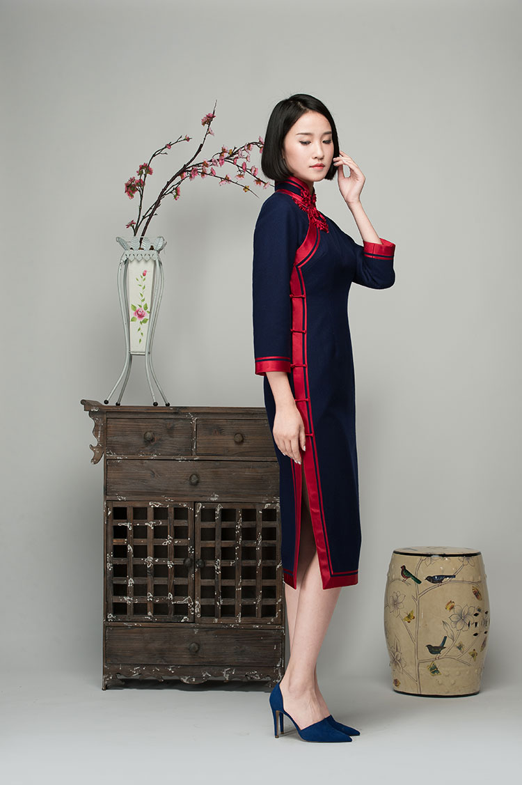 Navy wool blending cheongsam