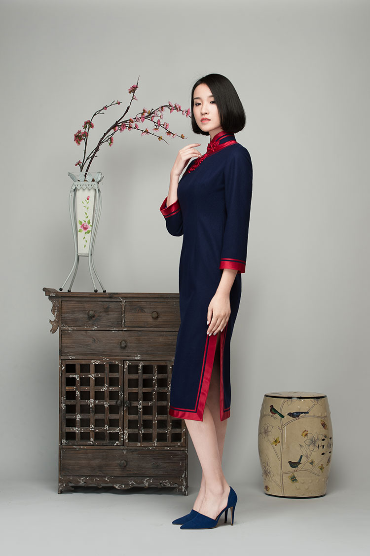 Navy wool blending cheongsam