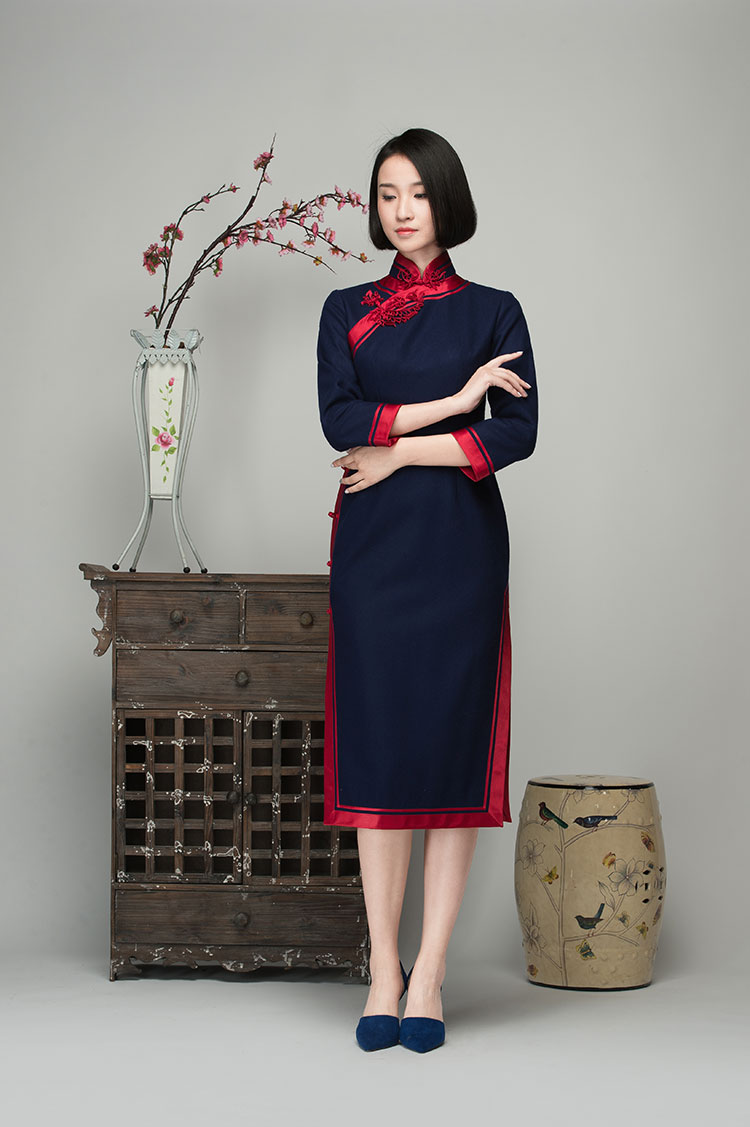 Navy wool blending cheongsam