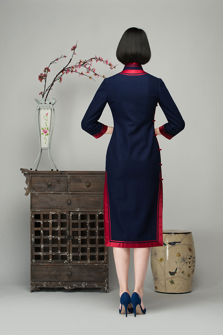 Navy wool blending cheongsam