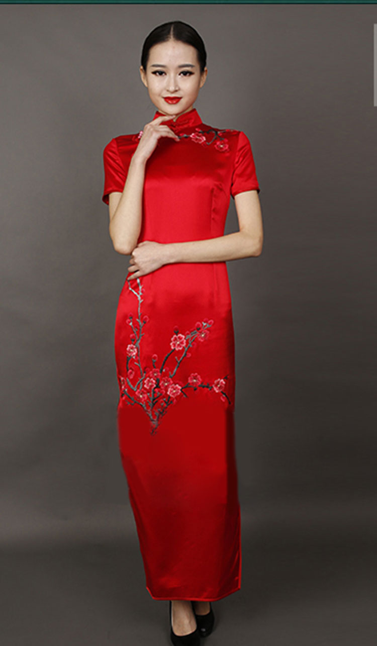 Red long cheongsam dress with plum embroidery