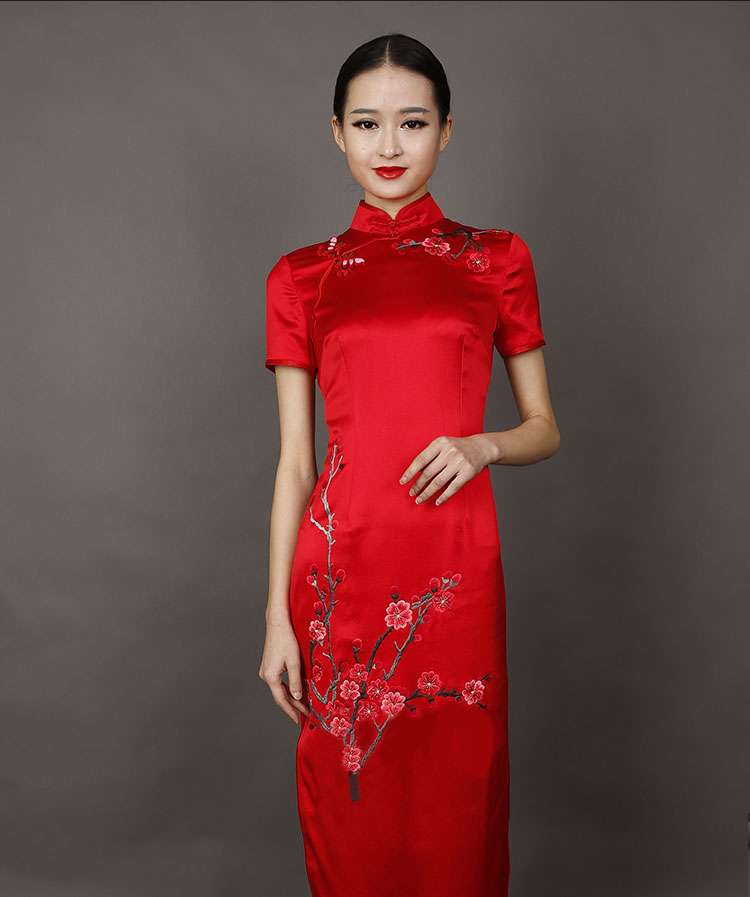 Red long cheongsam dress with plum embroidery