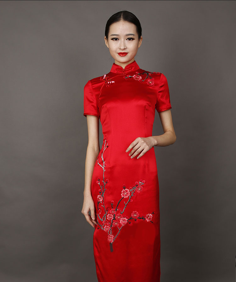 Red long cheongsam dress with plum embroidery Red long cheongsam dress with plum embroidery