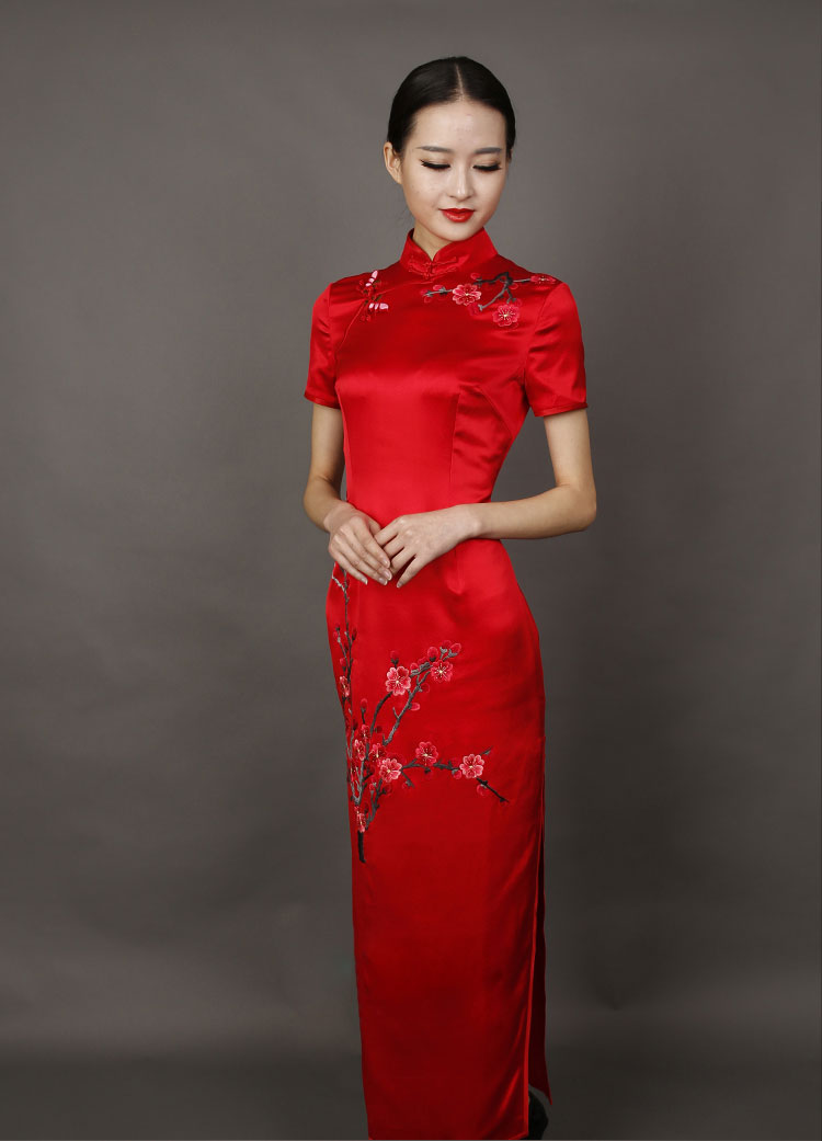 Red long cheongsam dress with plum embroidery