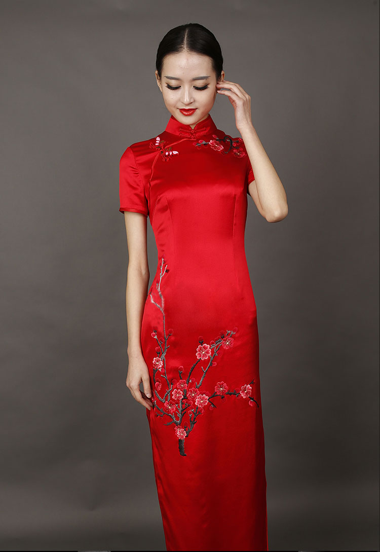 Red long cheongsam dress with plum embroidery