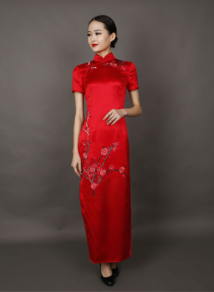 Red long cheongsam dress with plum embroidery