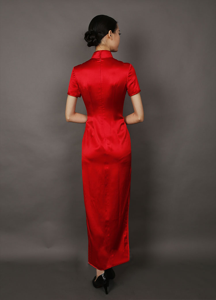 Red long cheongsam dress with plum embroidery