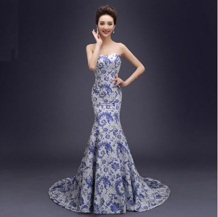 White evening gown with chinese phoenix tail flowers