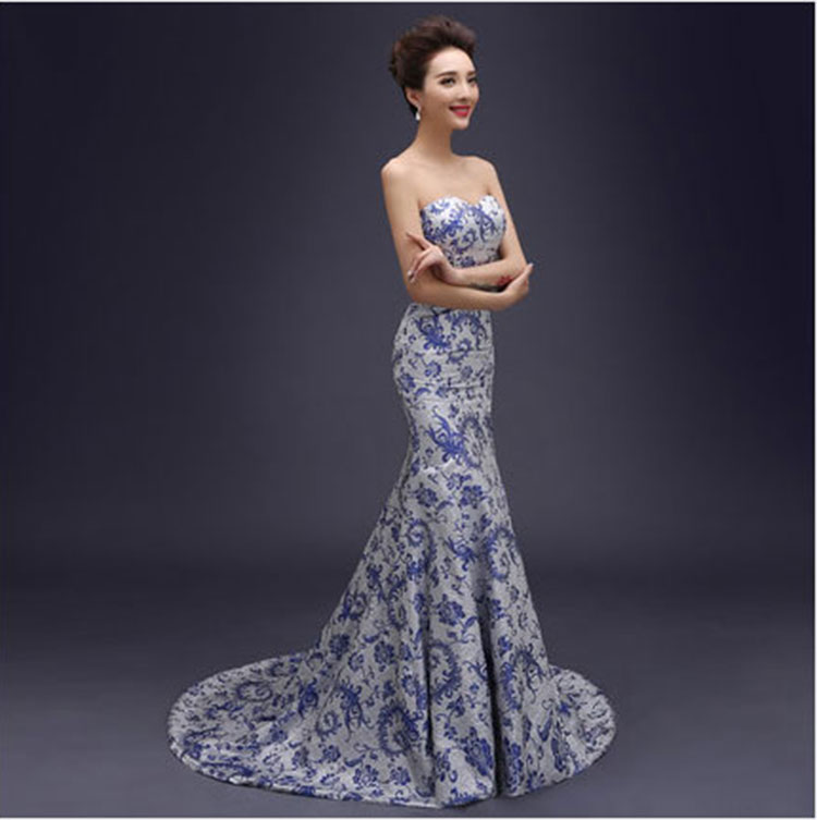 White evening gown with chinese phoenix tail flowers