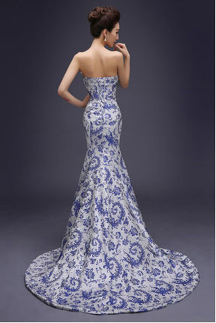 White evening gown with chinese phoenix tail flowers