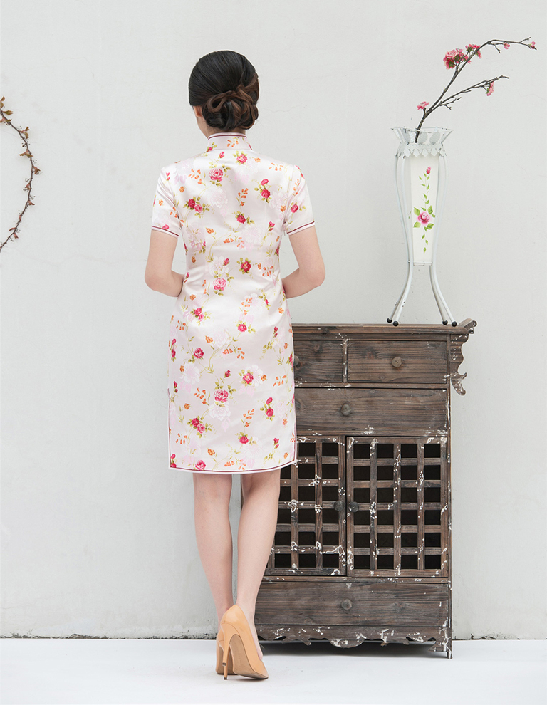 White cheongsam with pink flowers