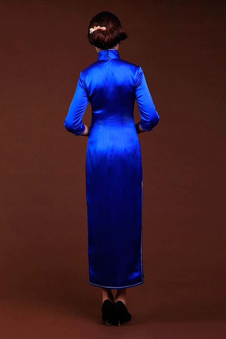 Royal blue silk with embroidery cheongsam dress 