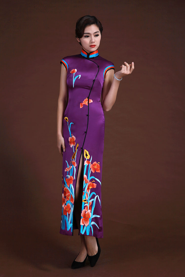 Purple silk with embroidery sleeveless cheongsam dress 