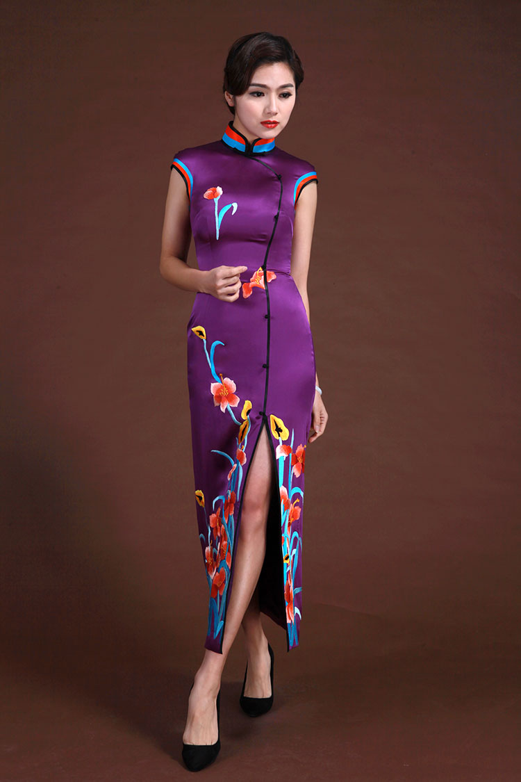 Purple silk with embroidery sleeveless cheongsam dress 