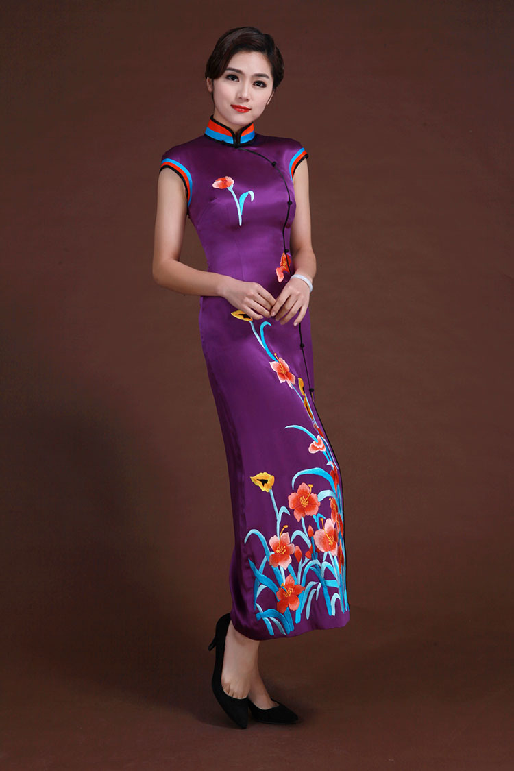 Purple silk with embroidery sleeveless cheongsam dress 