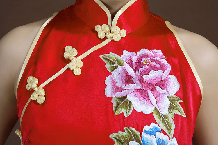 Red wedding dress with peonies embroidery