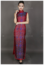 Purple rich flower on Dark red cheongsam 