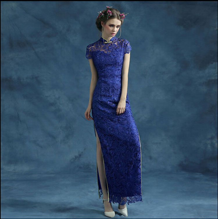 Blue lace cheongsam qipao dress