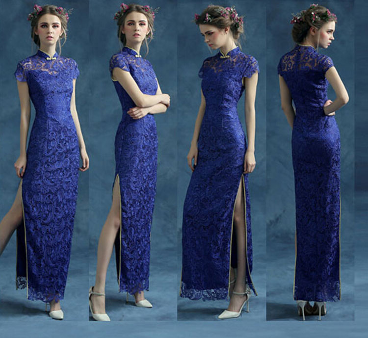 Blue lace cheongsam qipao dress