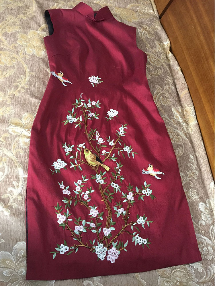 Wine red thai silk embroidery short qipao dress