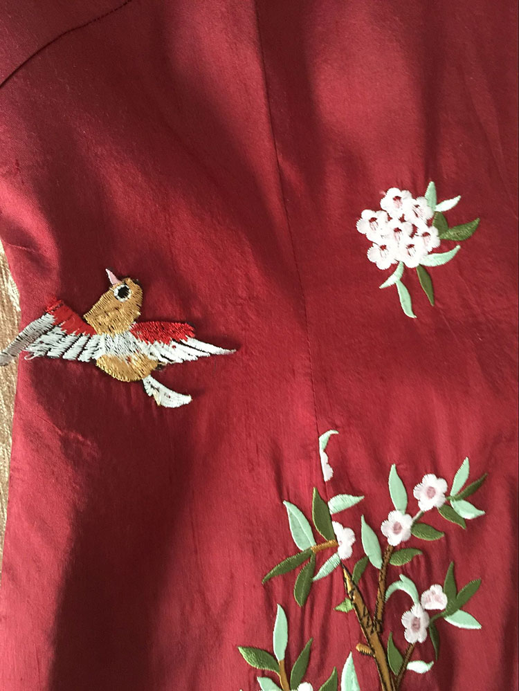 Wine red thai silk embroidery short qipao dress Wine red thai silk embroidery short qipao dress
