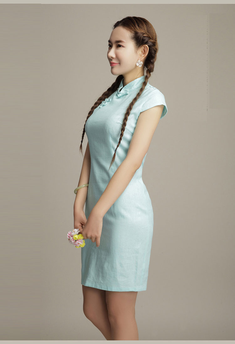 light blue cotton short qipao dress