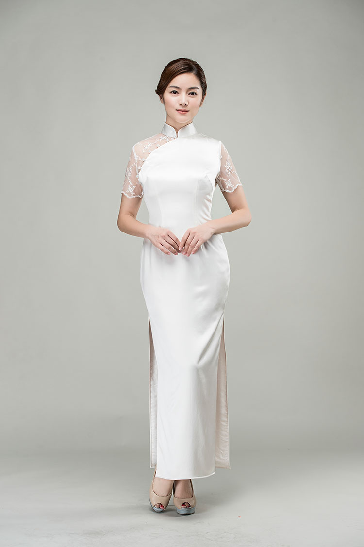 White silk qipao dress with lace back White silk qipao dress with lace back