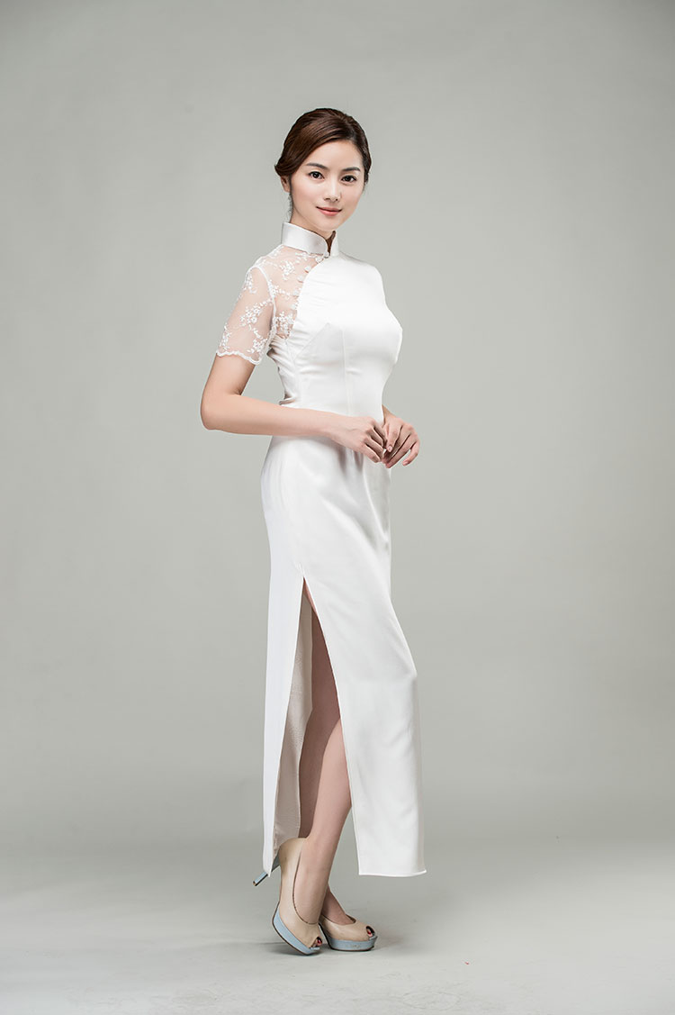 White silk qipao dress with lace back