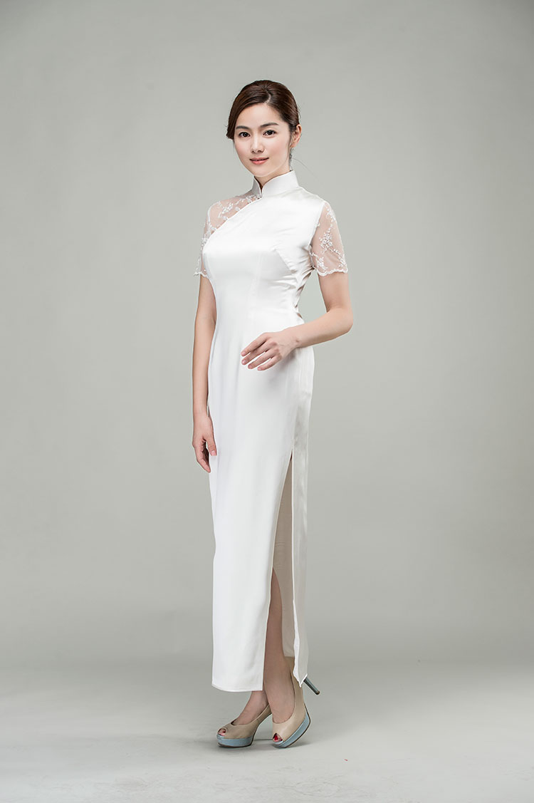 White silk qipao dress with lace back