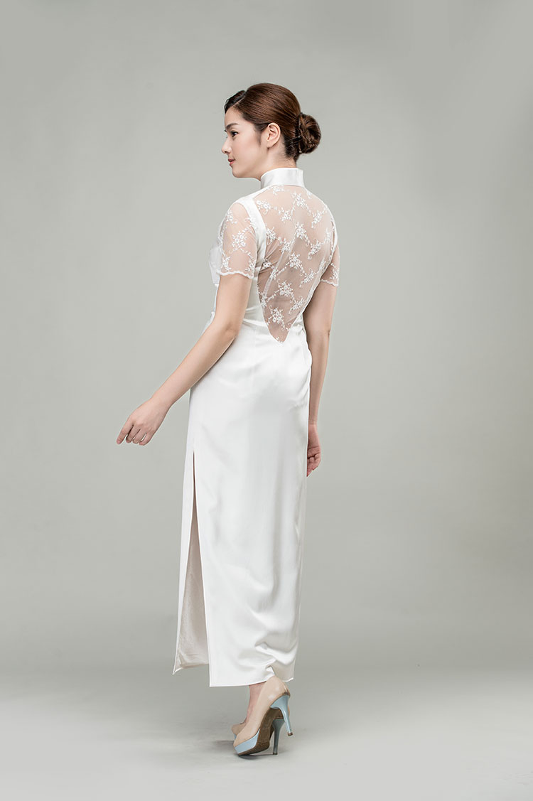 White silk qipao dress with lace back