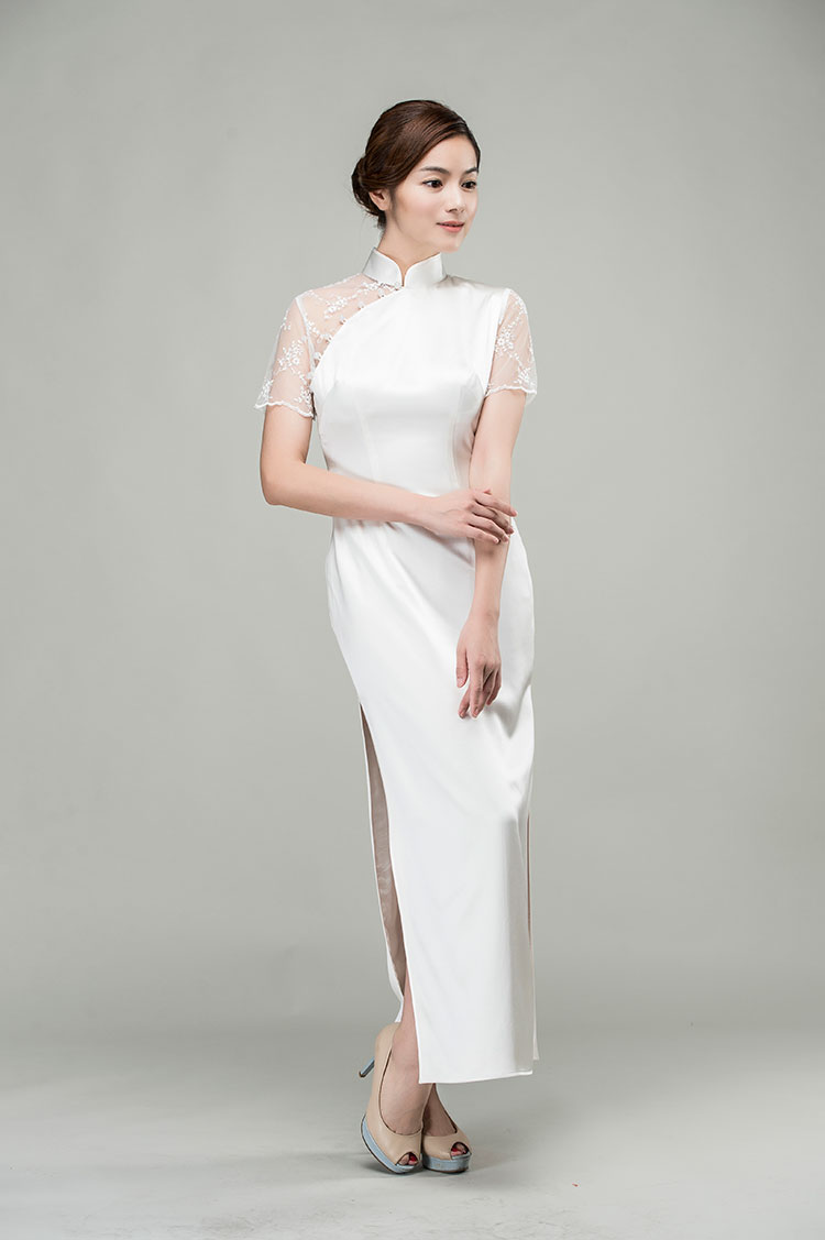 White silk qipao dress with lace back