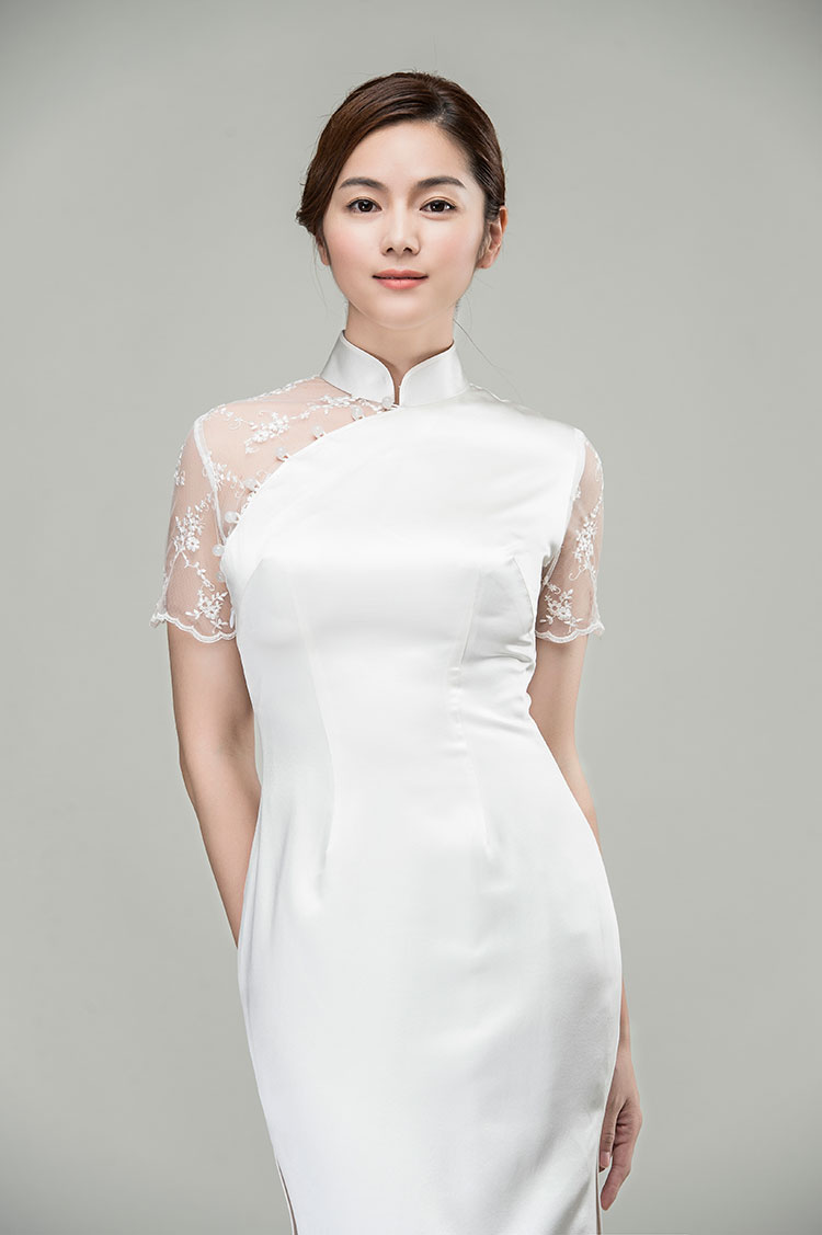 White silk qipao dress with lace back