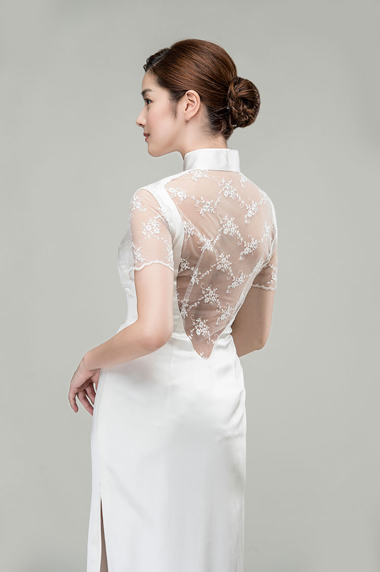 White silk qipao dress with lace back