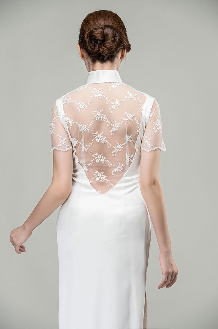 White silk qipao dress with lace back