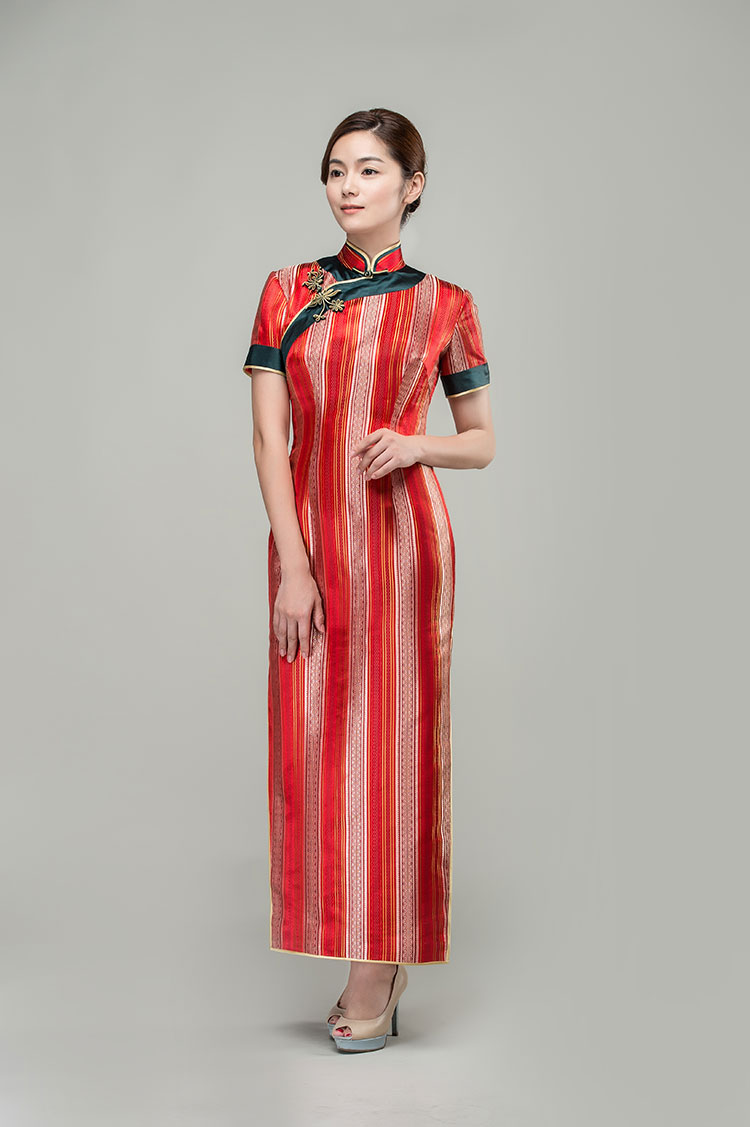 Red satin strip cheongsam dress