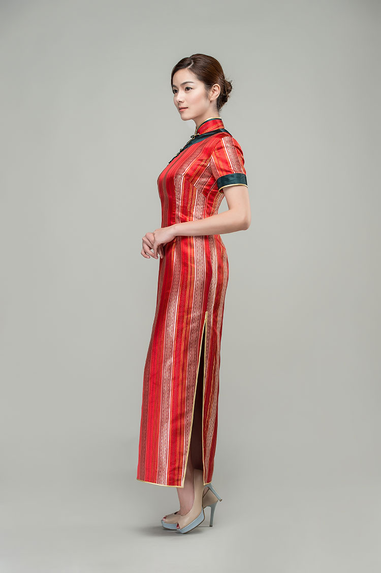 Red satin strip cheongsam dress