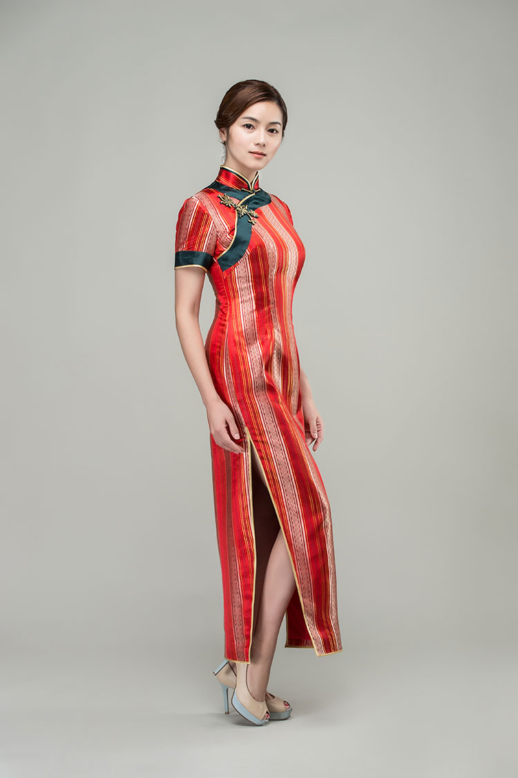 Red satin strip cheongsam dress