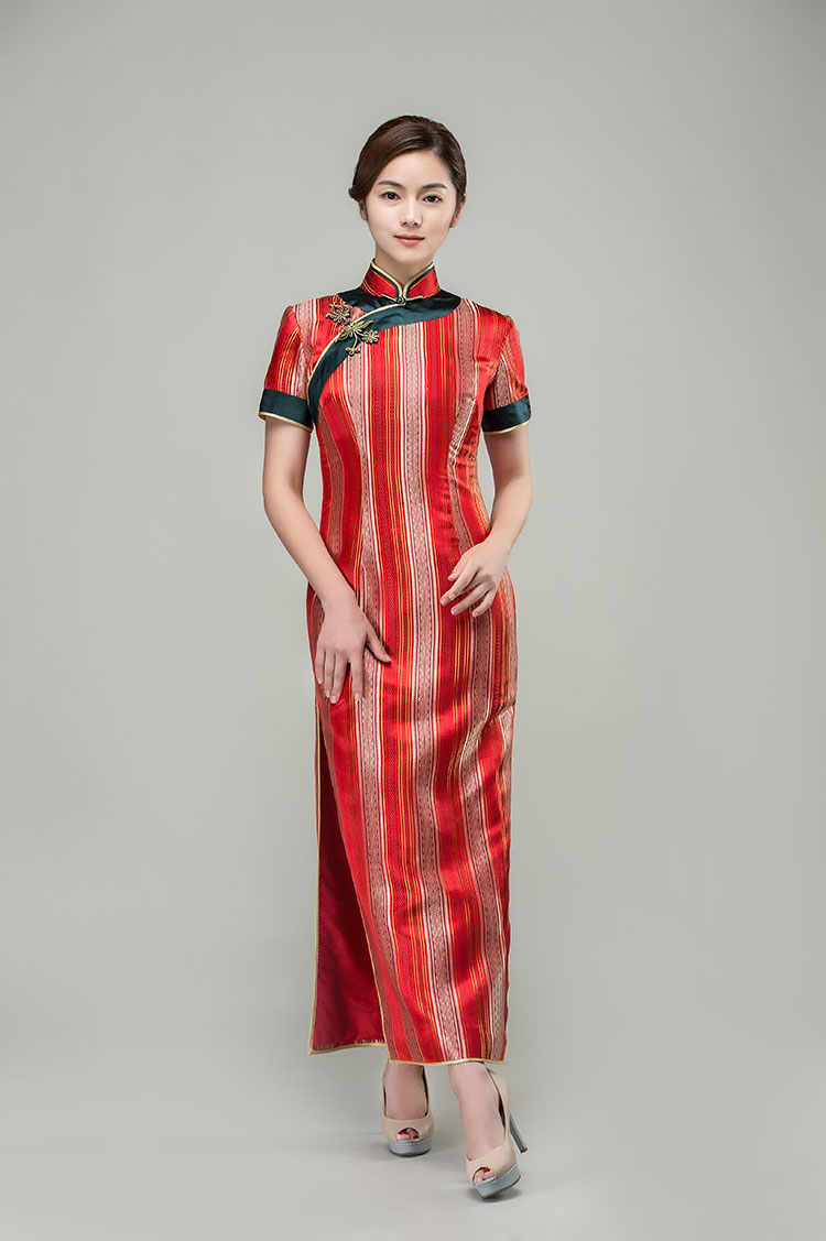 Red satin strip cheongsam dress